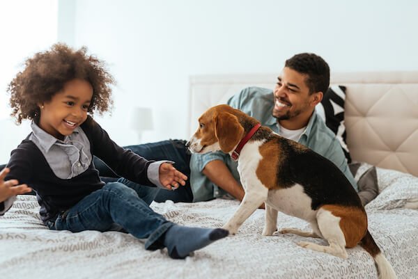 father and daughter playing with their dog